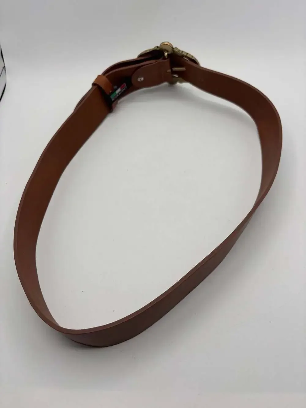 Bronzino Genuine Leather Brown Belt with Ornate Brass and Stone Buckle